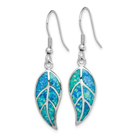 Sterling Silver White Gold Plated Drop Leaf Earrings Lab Created Blue Opal