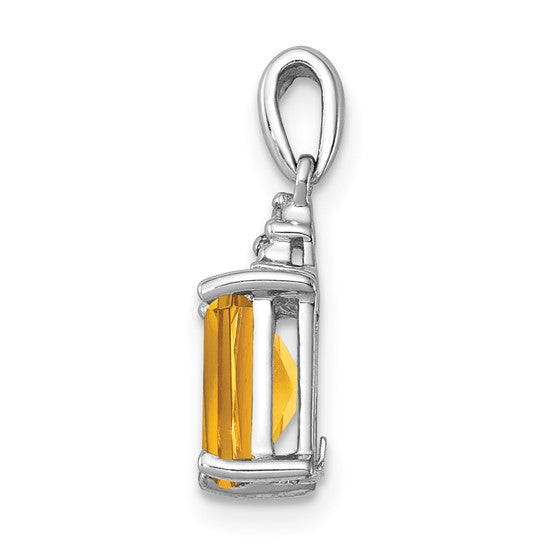 Sterling Silver White Gold Plated Emerald Cut Natural Citrine & Diamond Pendant