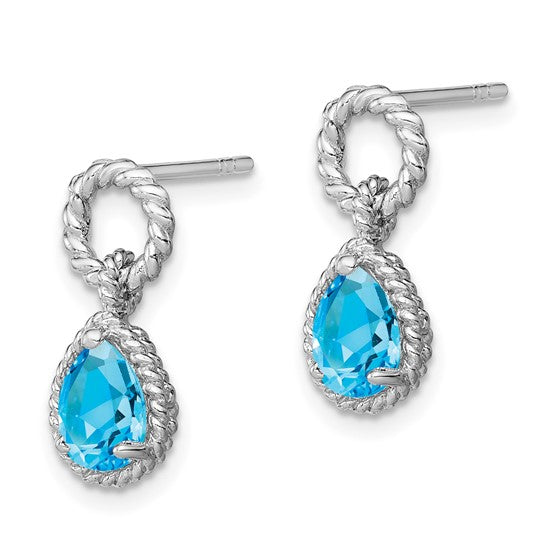 White Gold Filled Sterling Silver Twisted Rope Blue Topaz Earrings
