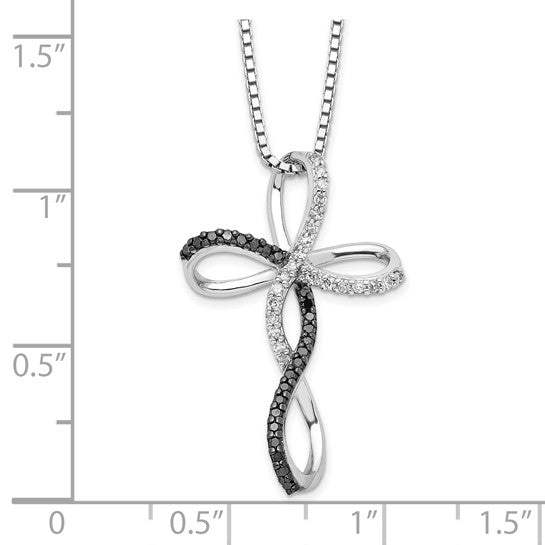 White Night White Gold Filled Sterling Silver Black & White Diamond Twist Cross Chain & Pendant Set