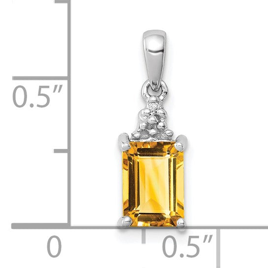 Sterling Silver White Gold Plated Emerald Cut Natural Citrine & Diamond Pendant
