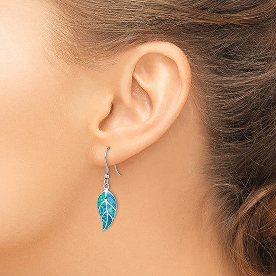 Sterling Silver White Gold Plated Drop Leaf Earrings Lab Created Blue Opal