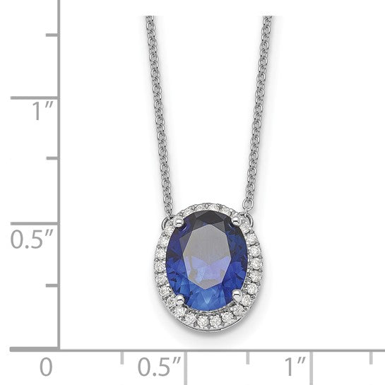 14K White Gold Oval Sapphire & Diamond Necklace With Pendant