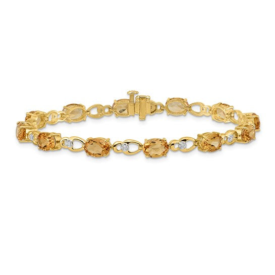 14K Yellow Gold Natural Citrine & Diamond Fancy Link Oval Bracelet