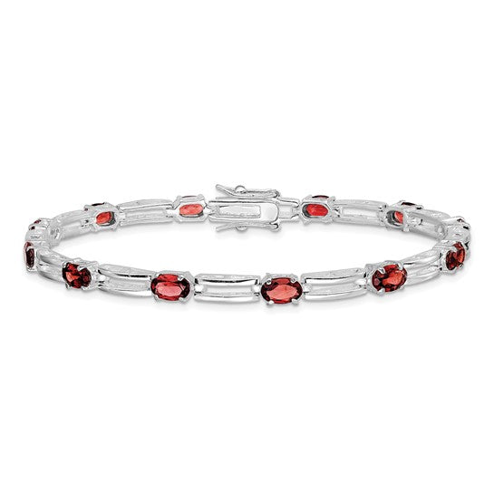 Sterling Silver White Gold Natural Garnet Link Line Bracelet
