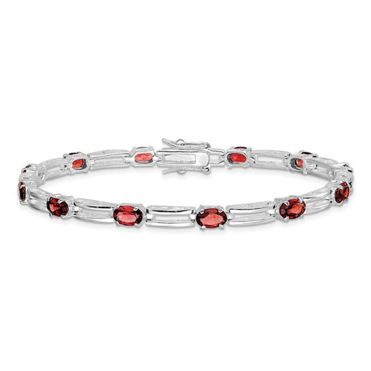 Sterling Silver White Gold Natural Garnet Link Line Bracelet