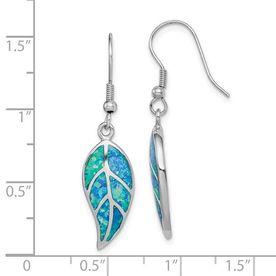 Sterling Silver White Gold Plated Drop Leaf Earrings Lab Created Blue Opal