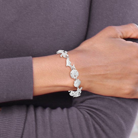 Sterling Silver Dolphin, Starfish, And Shell Sea Life Bracelet