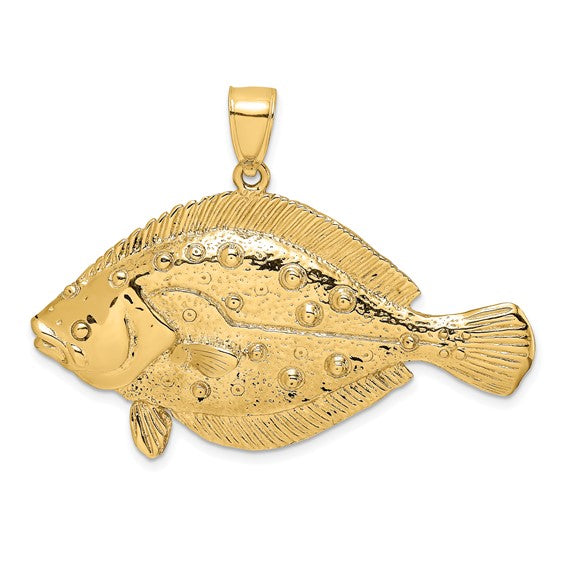 14K Yellow Gold 3D Flounder Fish Pendant