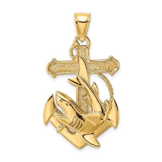 10K Yellow Gold Shark Anchor Cross Pendant