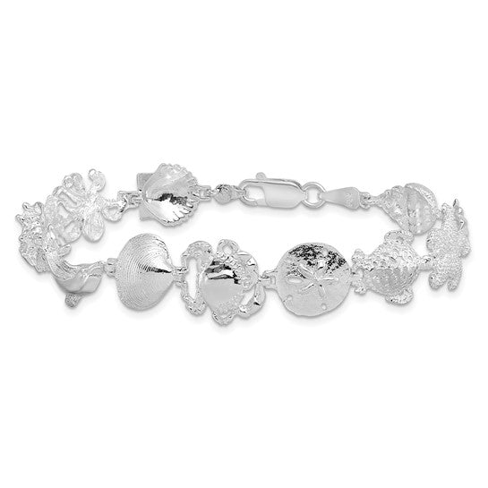 Sterling Silver Rhodium Plated Sea Life Crab, Dolphin, Shells, Turtles, And Star Fish