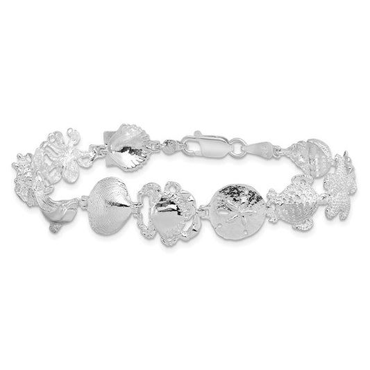 Sterling Silver Rhodium Plated Sea Life Crab, Dolphin, Shells, Turtles, And Star Fish