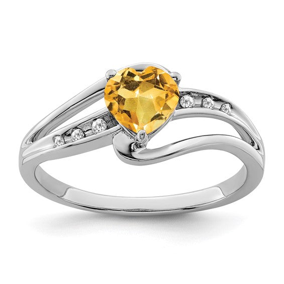 Sterling Silver White Gold Plated .75 Carat Heart Shaped Natural Citrine & Diamond Ring