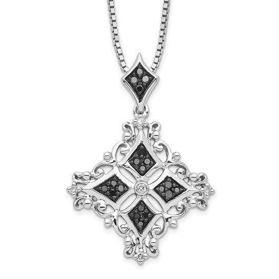 White Night White Gold Filled Sterling Silver Black & White Diamond Victorian style Pendant & Chain Set
