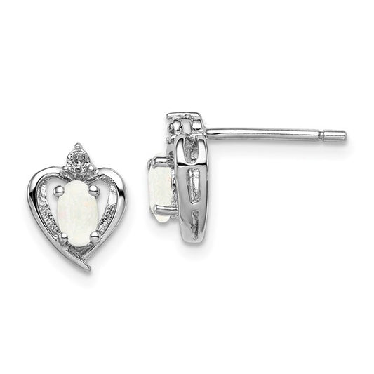 Sterling Silver With White Gold Plating Birthstone Lab Created Opal & Natural Diamond Heart Earrings