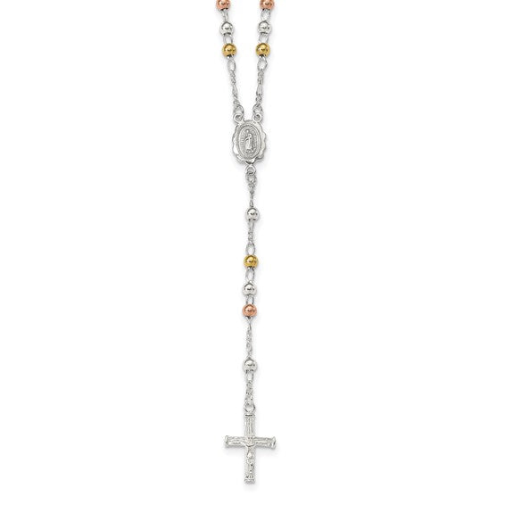 Sterling Silver Tri Color Gold Yellow/Rose Gold Plated Rosary Beads