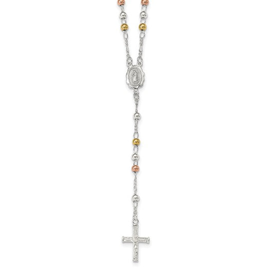 Sterling Silver Tri Color Gold Yellow/Rose Gold Plated Rosary Beads