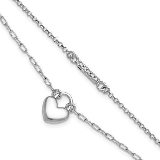 White Gold Filled Sterling Silver Double Paperclip Puffed Heart Bracelet