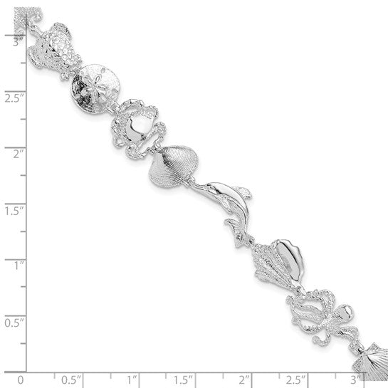 Sterling Silver Rhodium Plated Sea Life Crab, Dolphin, Shells, Turtles, And Star Fish