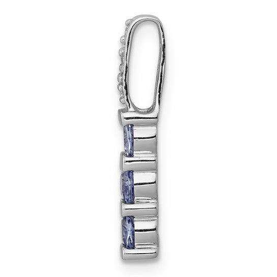 14K White Gold Natural Tanzanite 3 Stone Tower Pendant With Diamond Accent