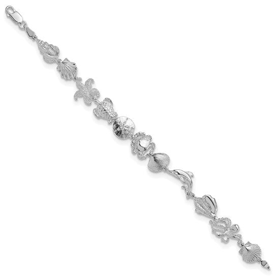 Sterling Silver Rhodium Plated Sea Life Crab, Dolphin, Shells, Turtles, And Star Fish