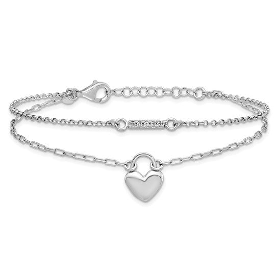 White Gold Filled Sterling Silver Double Paperclip Puffed Heart Bracelet
