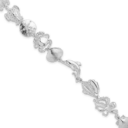 Sterling Silver Rhodium Plated Sea Life Crab, Dolphin, Shells, Turtles, And Star Fish