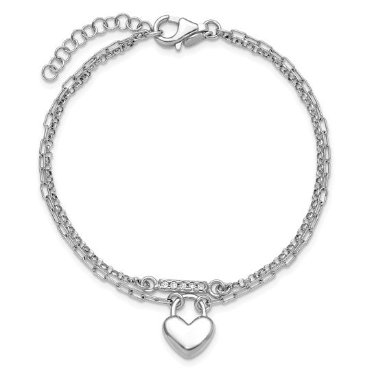 White Gold Filled Sterling Silver Double Paperclip Puffed Heart Bracelet
