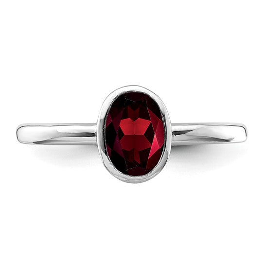 Sterling Silver Oval Bezel Natural Garnet Ring
