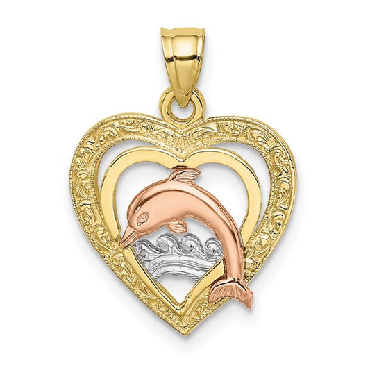 10K Tri Colored Gold Dolphin Heart Pendant