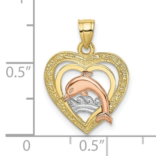 10K Tri Colored Gold Dolphin Heart Pendant