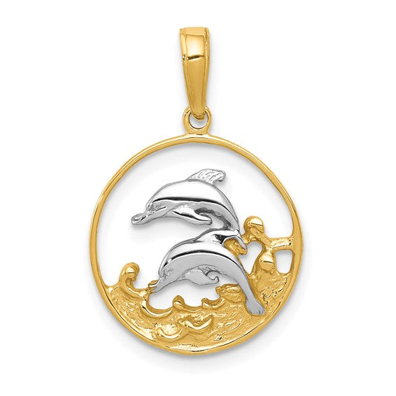 10K Yellow/White Gold Two Tone Dolphin Pendant Circle