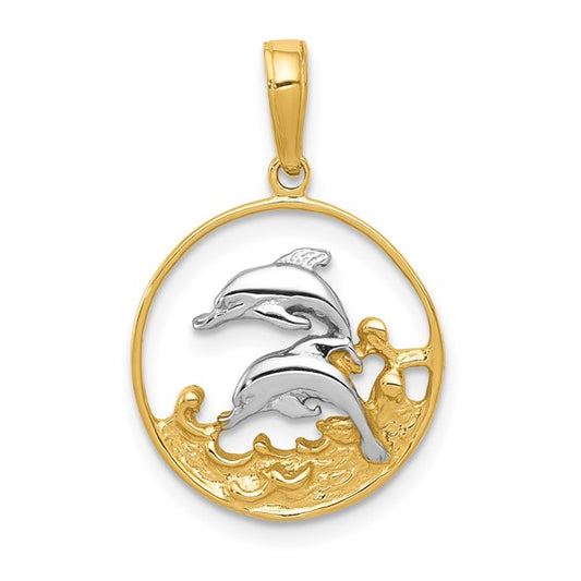 10K Yellow/White Gold Two Tone Dolphin Pendant Circle