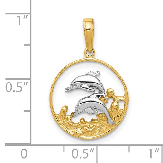 10K Yellow/White Gold Two Tone Dolphin Pendant Circle