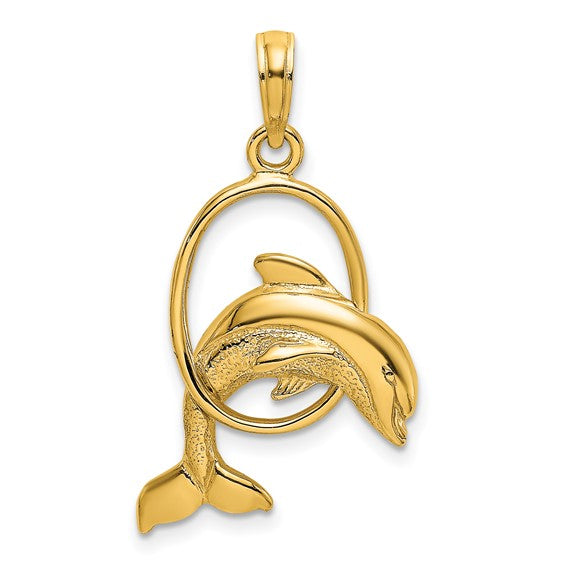 10K Yellow Gold Dolphin Jumping Ring Hoop Pendant