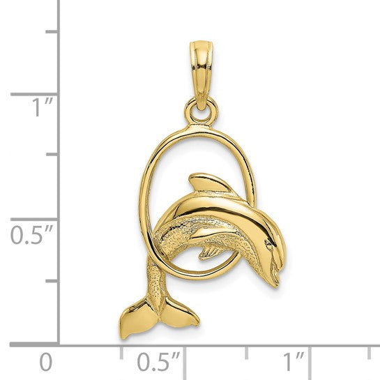 10K Yellow Gold Dolphin Jumping Ring Hoop Pendant