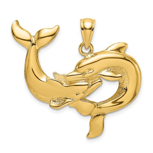 14K Yellow Gold Dolphin Kissing Pendant
