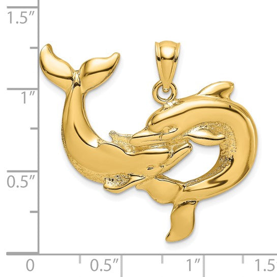 14K Yellow Gold Dolphin Kissing Pendant