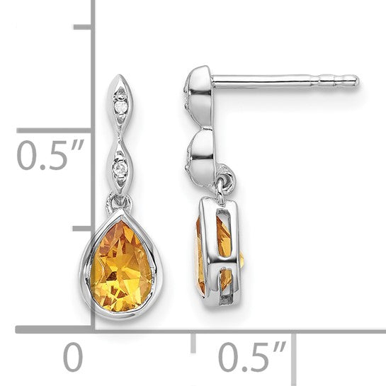 White Ice Sterling Silver White Gold Plated Natural Citrine & Diamond Tear Drop Dangle Earrings