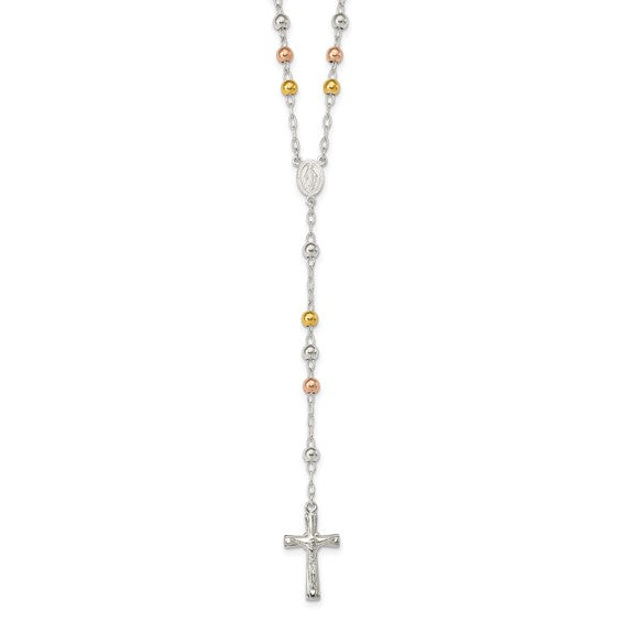 Sterling Silver Tri Color 14KYellow/Rose Gold 26" Rosary Beads