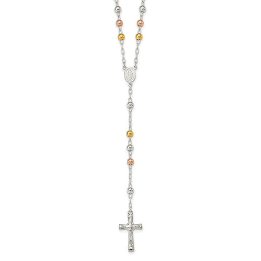 Sterling Silver Tri Color 14KYellow/Rose Gold 26" Rosary Beads