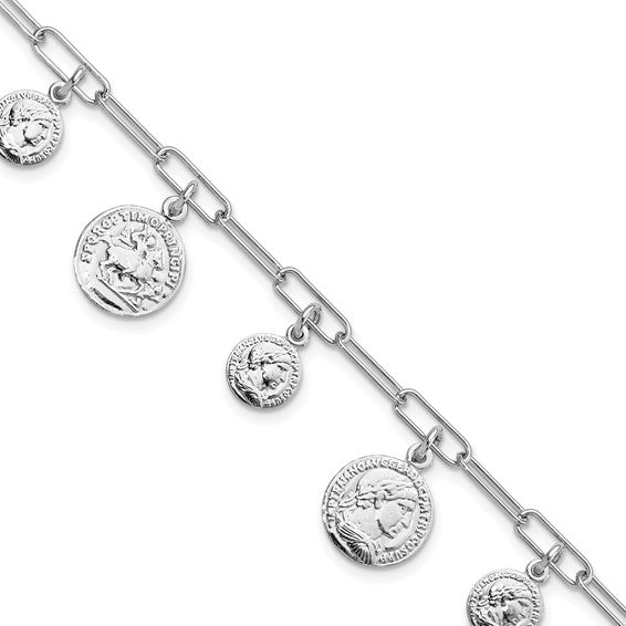 White Gold Filled Sterling Silver Antique Coin Charm Paperclip Bracelet