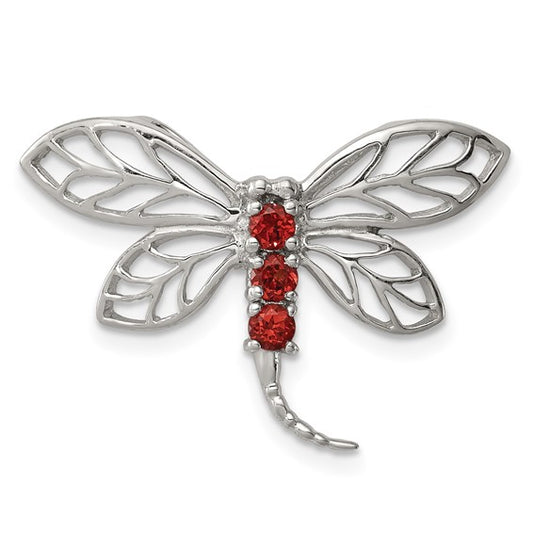 Sterling Silver Rhodium Plated Natural Garnet Dragonfly Pendant