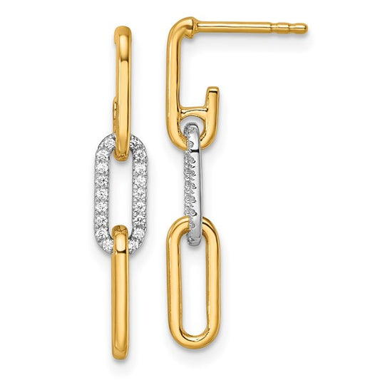 14K Yellow Gold Two Tone Paperclip Dangle Diamond Accent Earrings