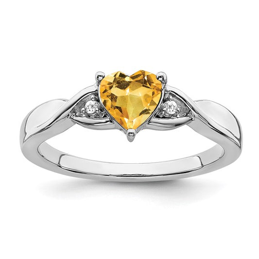 Sterling Silver White Gold Plated .75 Carat Heart Natural Citrine & Diamond Heart Band Ring