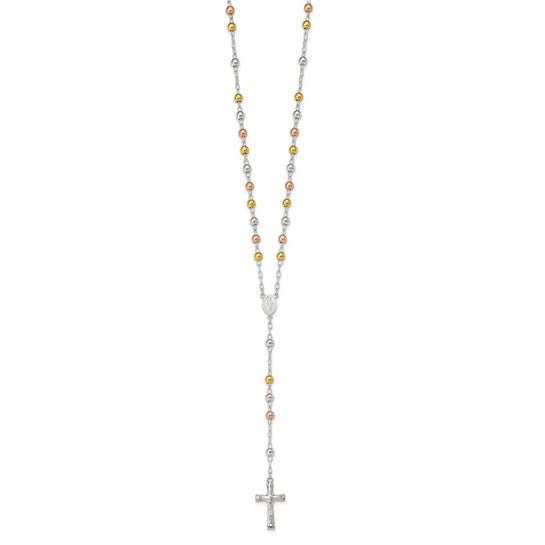 Sterling Silver Tri Color 14KYellow/Rose Gold 26" Rosary Beads