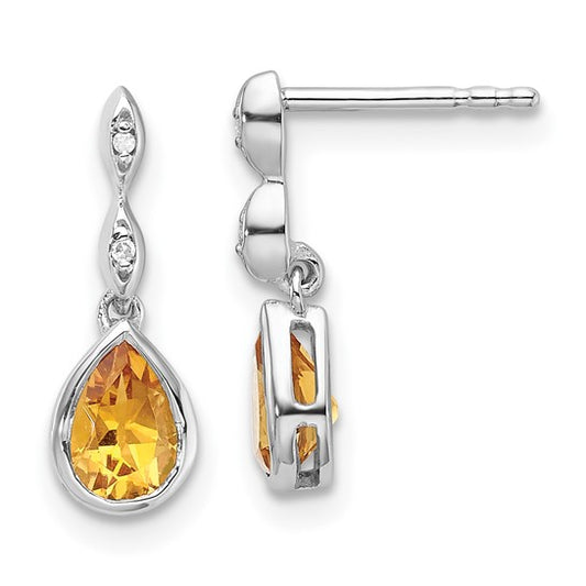 White Ice Sterling Silver White Gold Plated Natural Citrine & Diamond Tear Drop Dangle Earrings