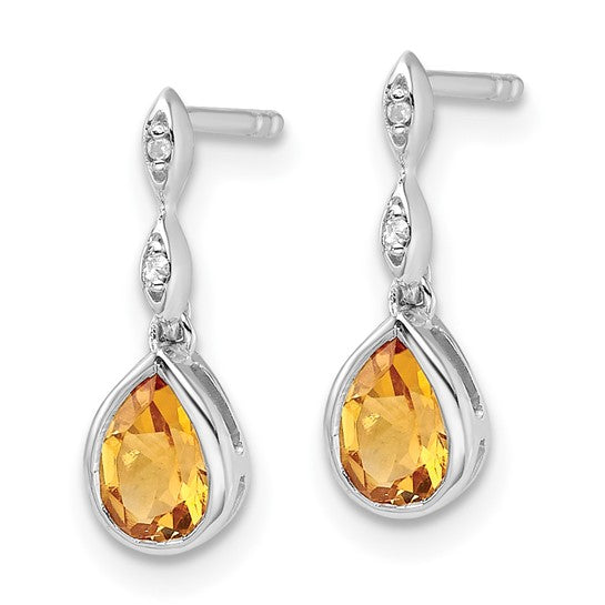White Ice Sterling Silver White Gold Plated Natural Citrine & Diamond Tear Drop Dangle Earrings