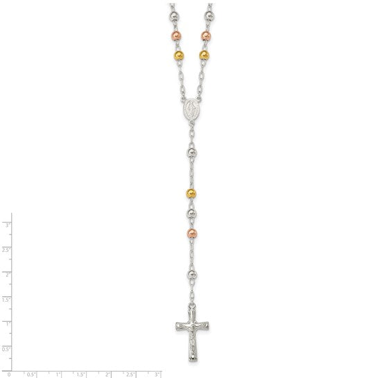 Sterling Silver Tri Color 14KYellow/Rose Gold 26" Rosary Beads