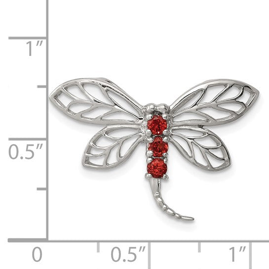 Sterling Silver Rhodium Plated Natural Garnet Dragonfly Pendant